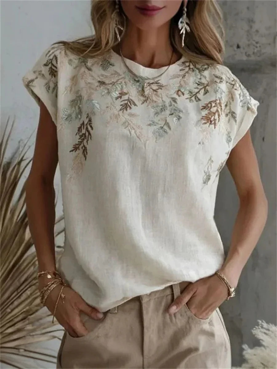 Camisa vintage de hojas con cuello redondo y manga corta