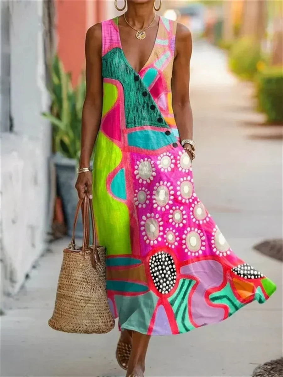 Vestido vintage multicolor con escote en pico, sin mangas