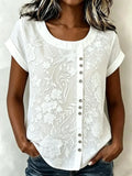Blusa holgada lisa con cuello redondo y manga corta