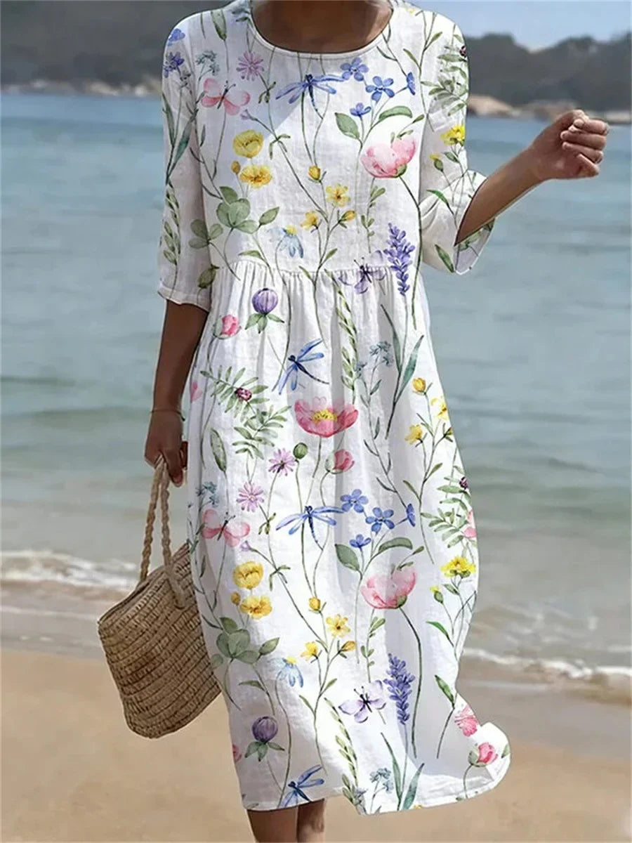 Vestido casual de flores con cuello redondo · Lía