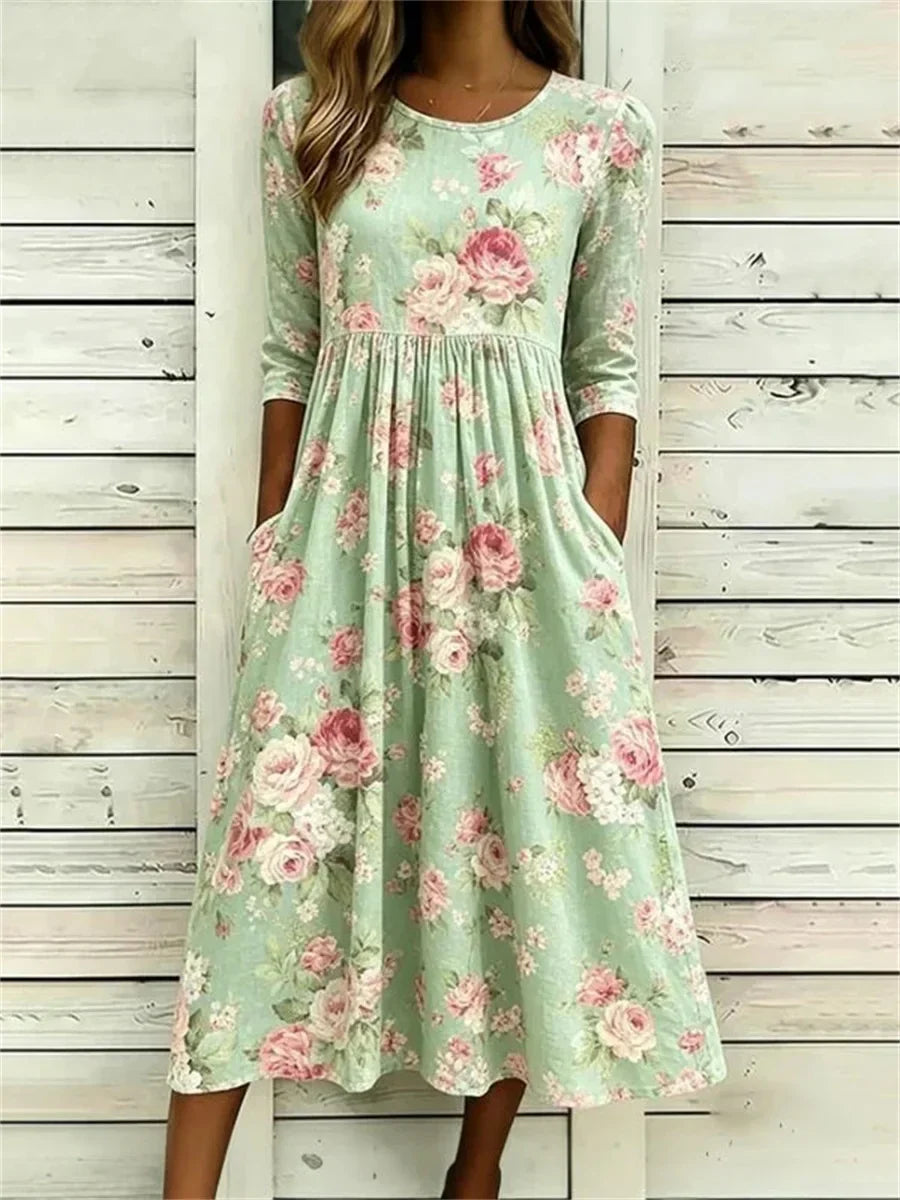 Vestido vintage de flores con cuello redondo