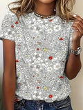 Top casual de flores gris con cuello redondo y manga corta