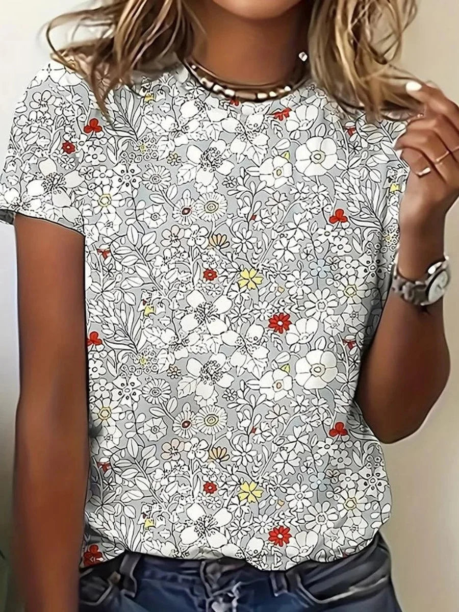 Top casual de flores gris con cuello redondo y manga corta