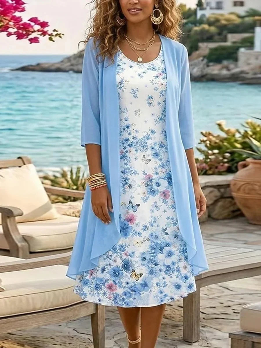 Vestido midi de dos piezas de flores de gasa azul