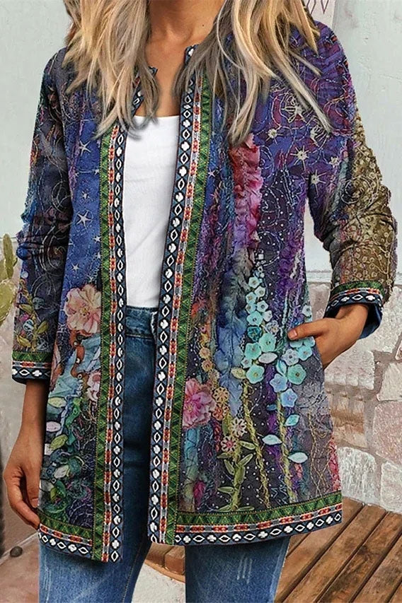 Cárdigan casual de flores con cuello redondo y manga larga