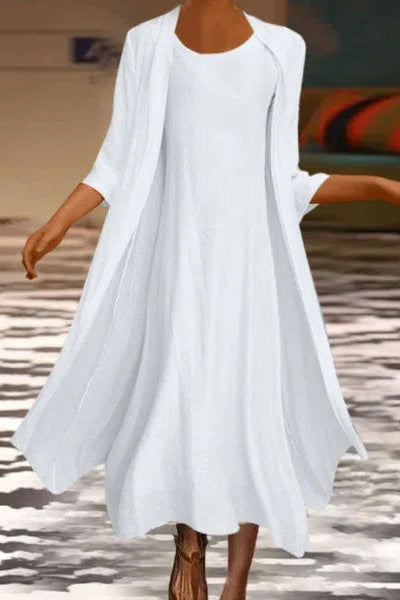 Vestido midi de dos piezas liso con cuello redondo y manga tres cuartos