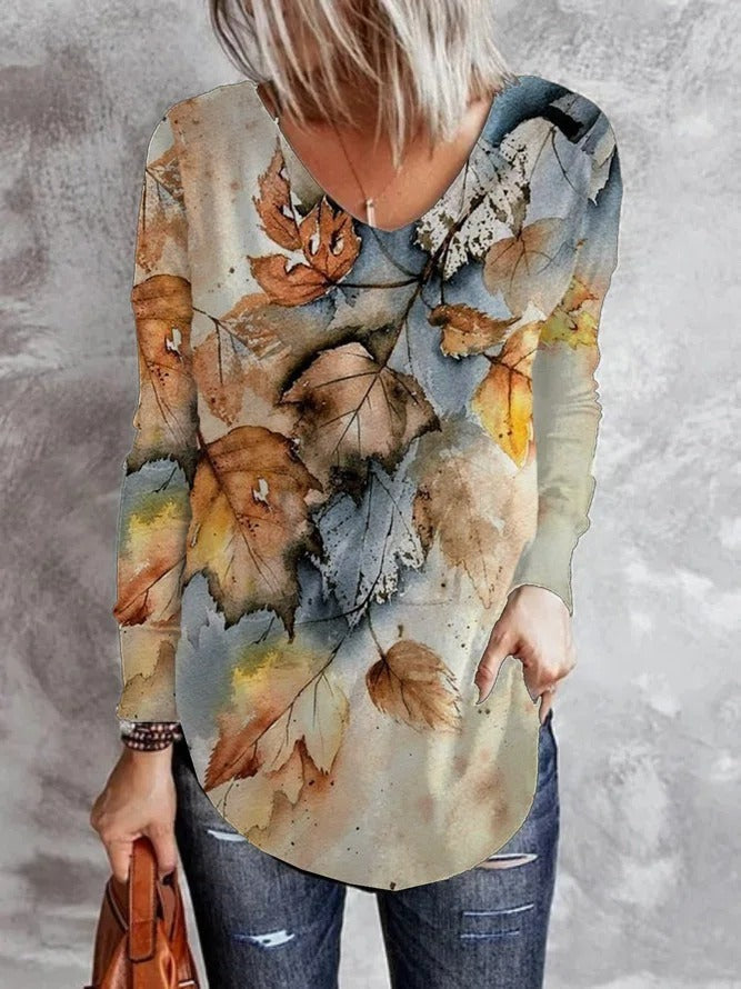 Sudadera de hojas con escote en pico y manga larga