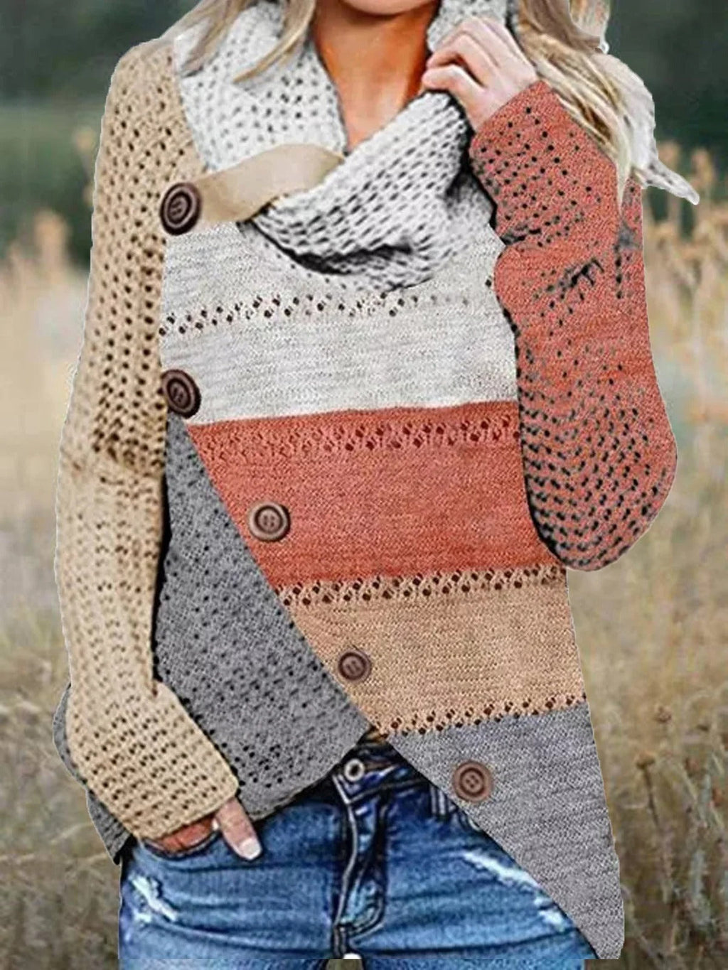 Jersey bicolor con cuello camisero, manga larga y botones