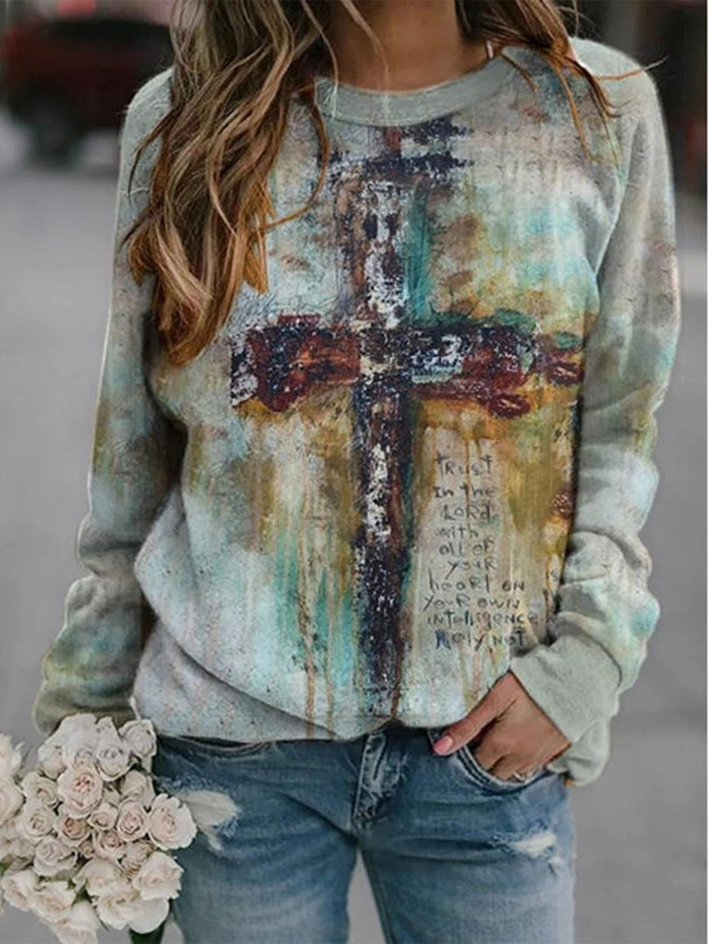 Sudadera estampada con cuello redondo y manga larga