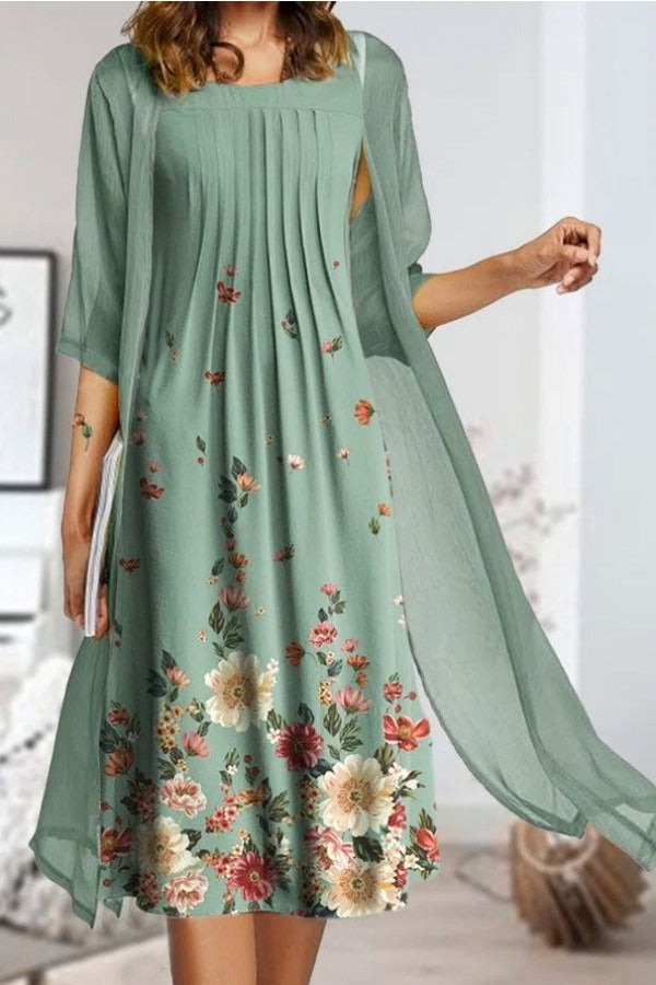 Vestido casual midi de dos piezas de flores con manga francesa
