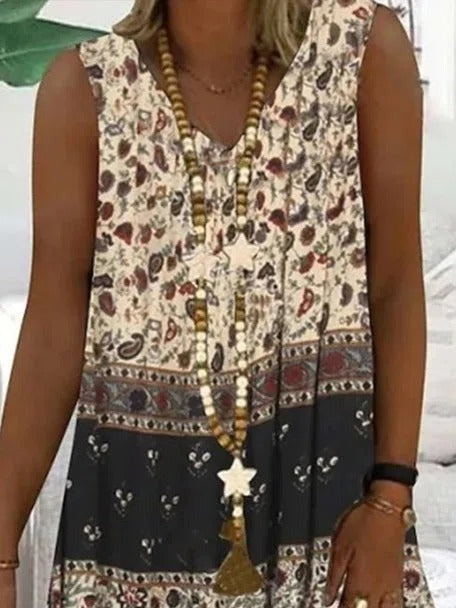 Vestido midi de patchwork con escote en pico, sin mangas — foto 3