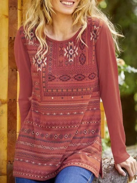Sudadera étnica con cuello redondo y manga larga