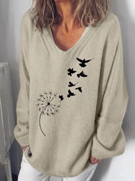 Jersey de pájaros con escote en pico y manga larga