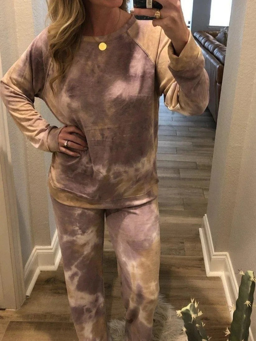 Conjunto de dos piezas tie dye con cuello redondo y manga larga