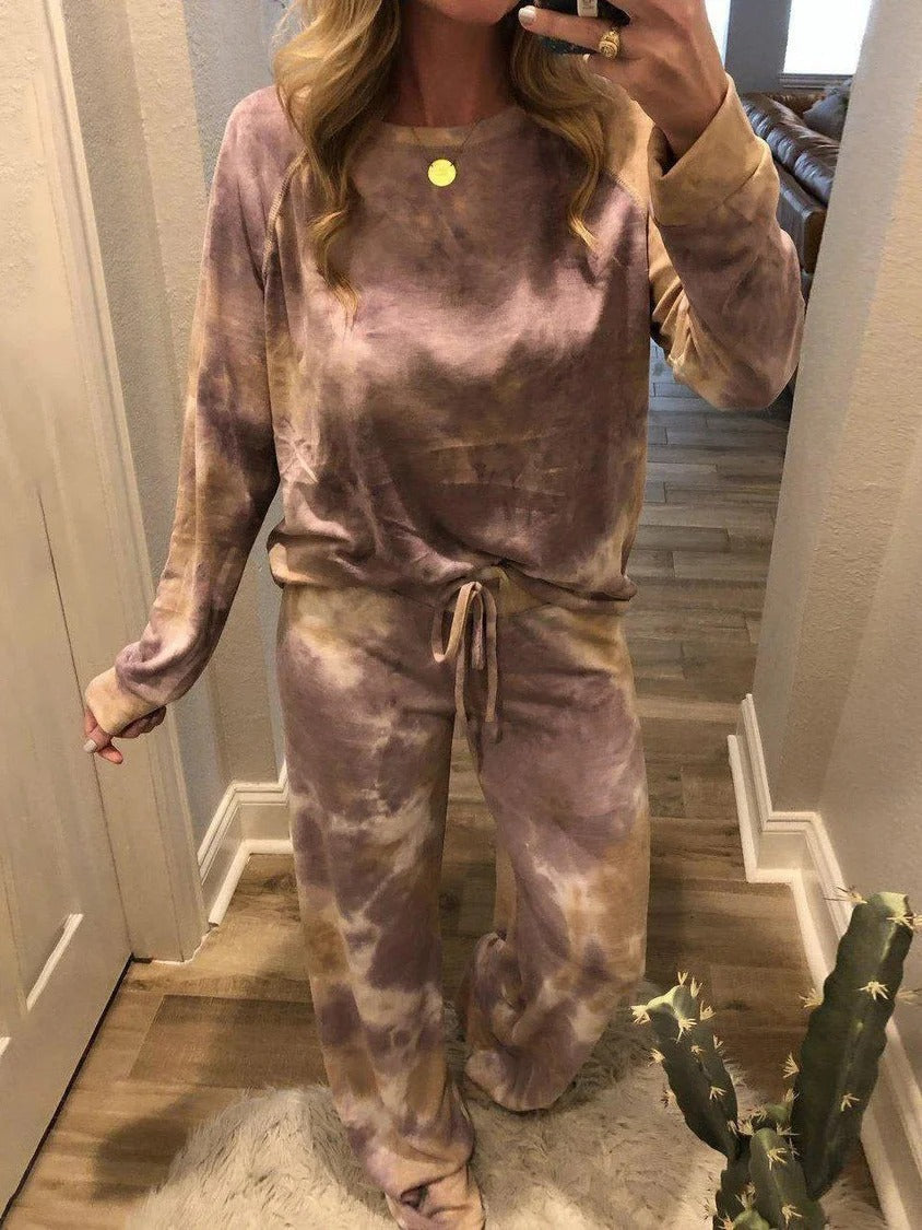 Conjunto de dos piezas tie dye con cuello redondo y manga larga