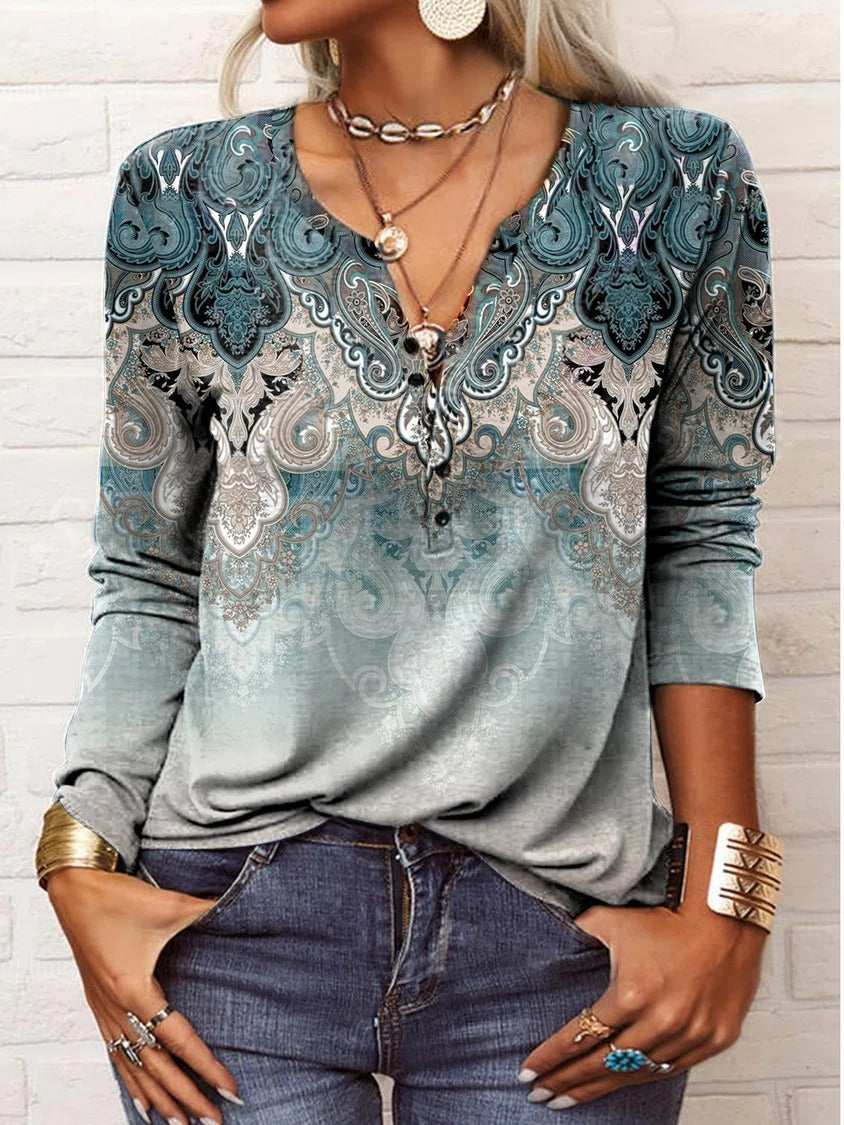 Sudadera boho étnica con cuello redondo y manga larga
