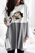 Sudadera de gatos con cuello redondo, manga larga y bolsillos