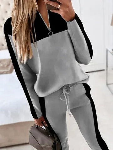 Conjunto de dos piezas bicolor con escote en pico y manga larga
