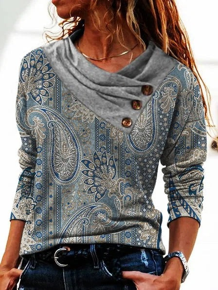 Sudadera de cachemir con cuello drapeado, manga larga y botones