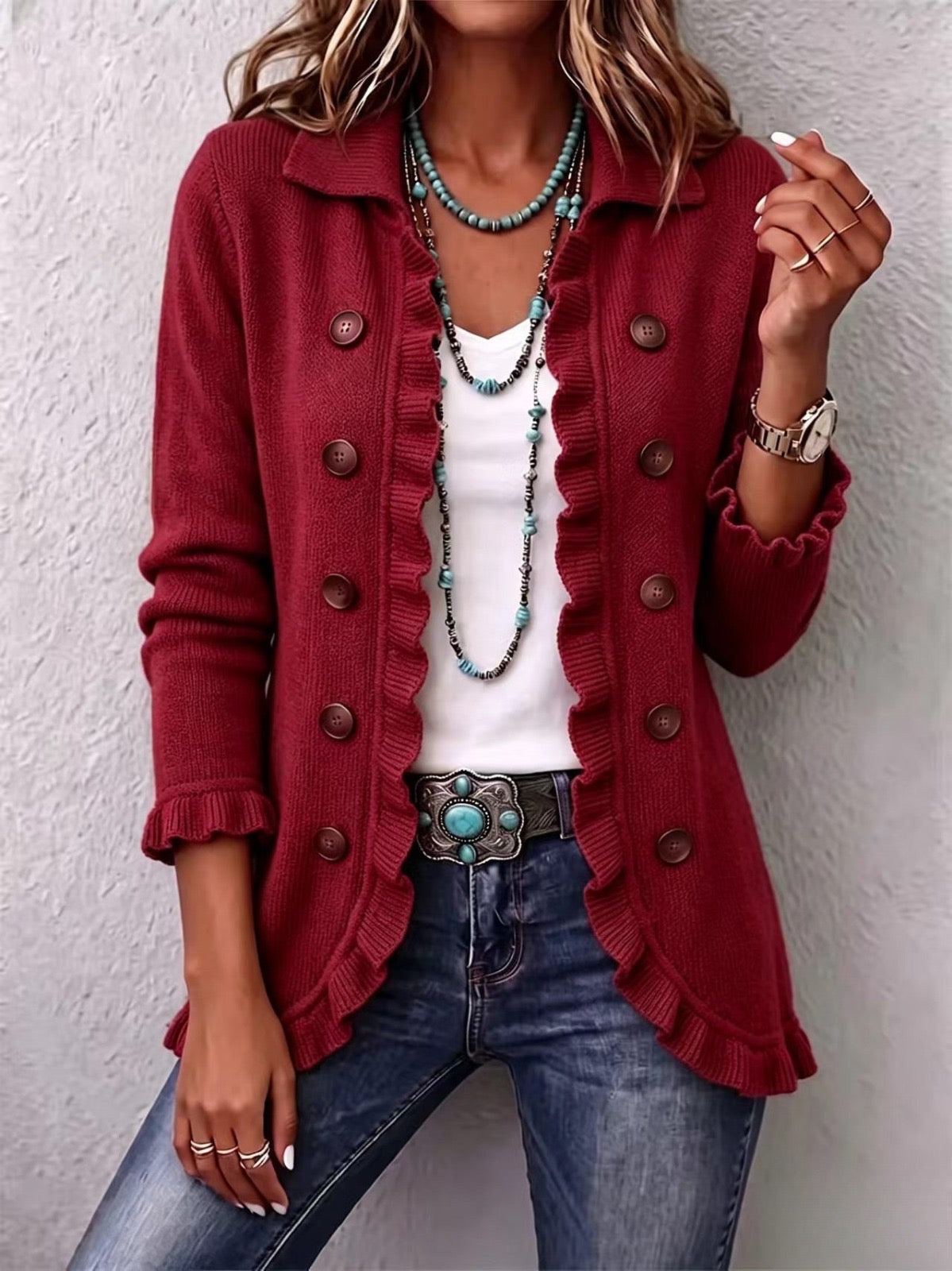 Rosalía Chaqueta de Punto Rojo Rubí con Volantes