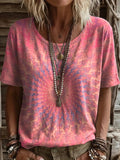 Camisa vintage étnica de algodón rosa con cuello redondo y manga corta