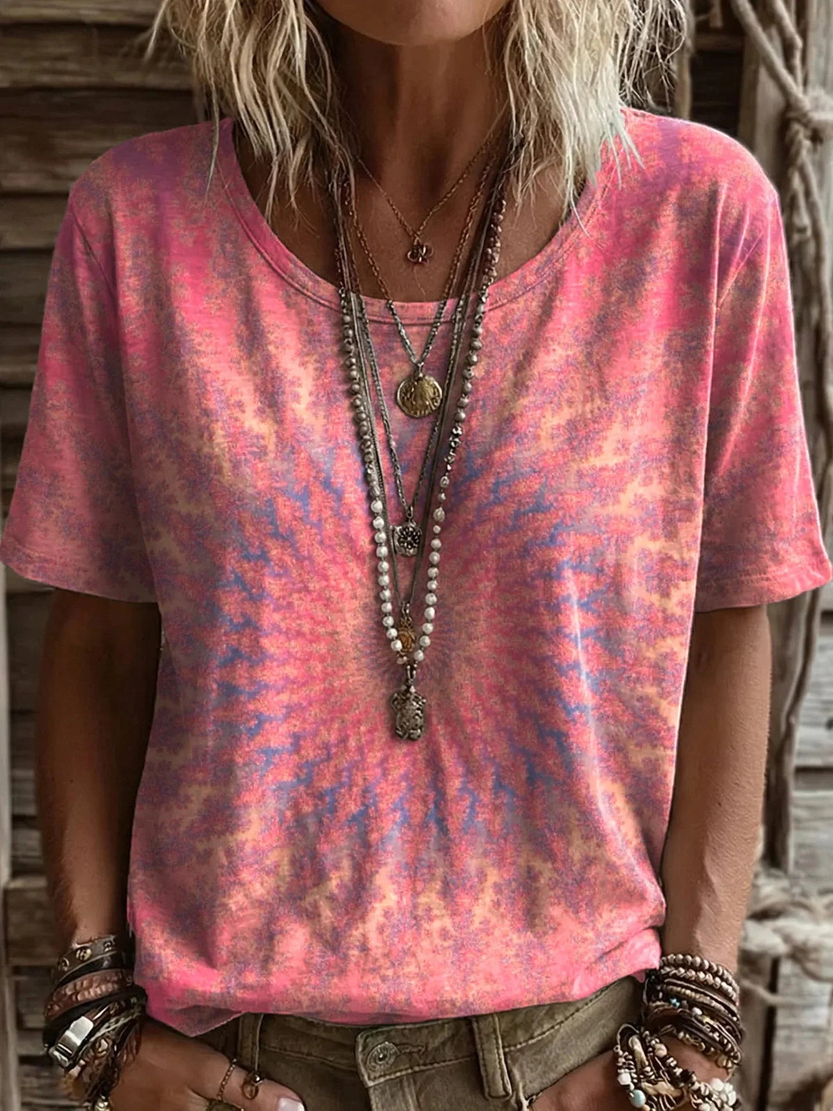 Camisa vintage étnica de algodón rosa con cuello redondo y manga corta