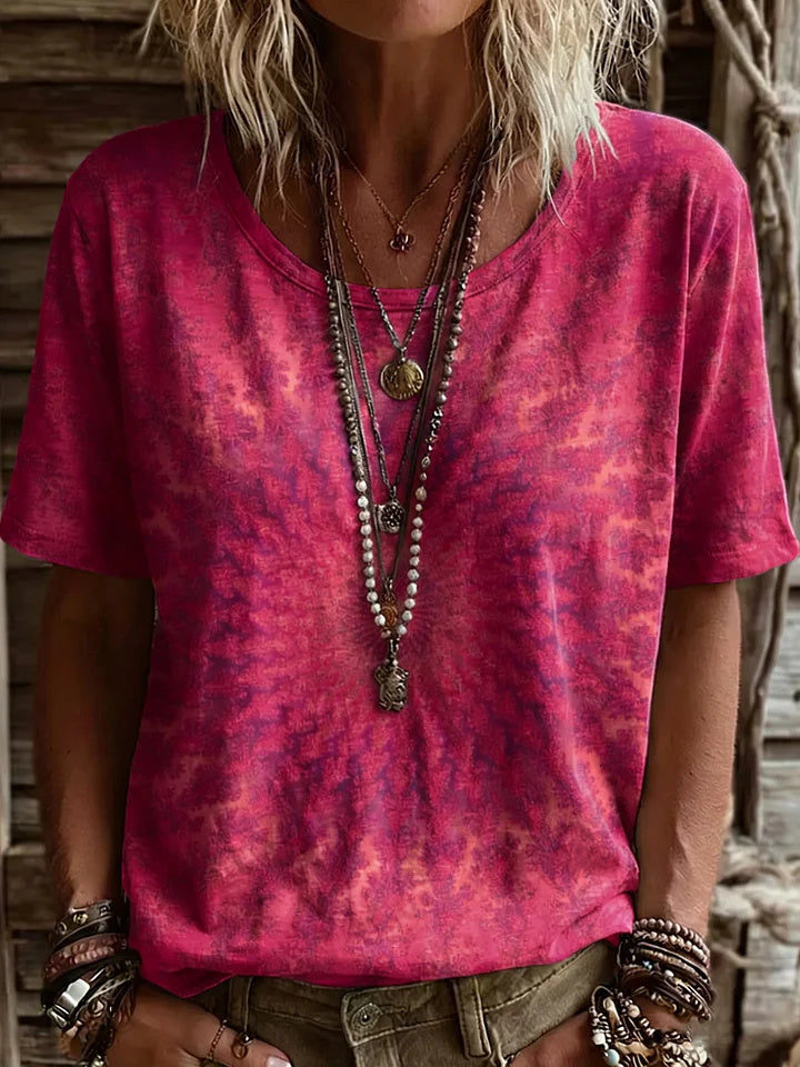 Camisa vintage étnica de algodón rosa con cuello redondo y manga corta — foto 7