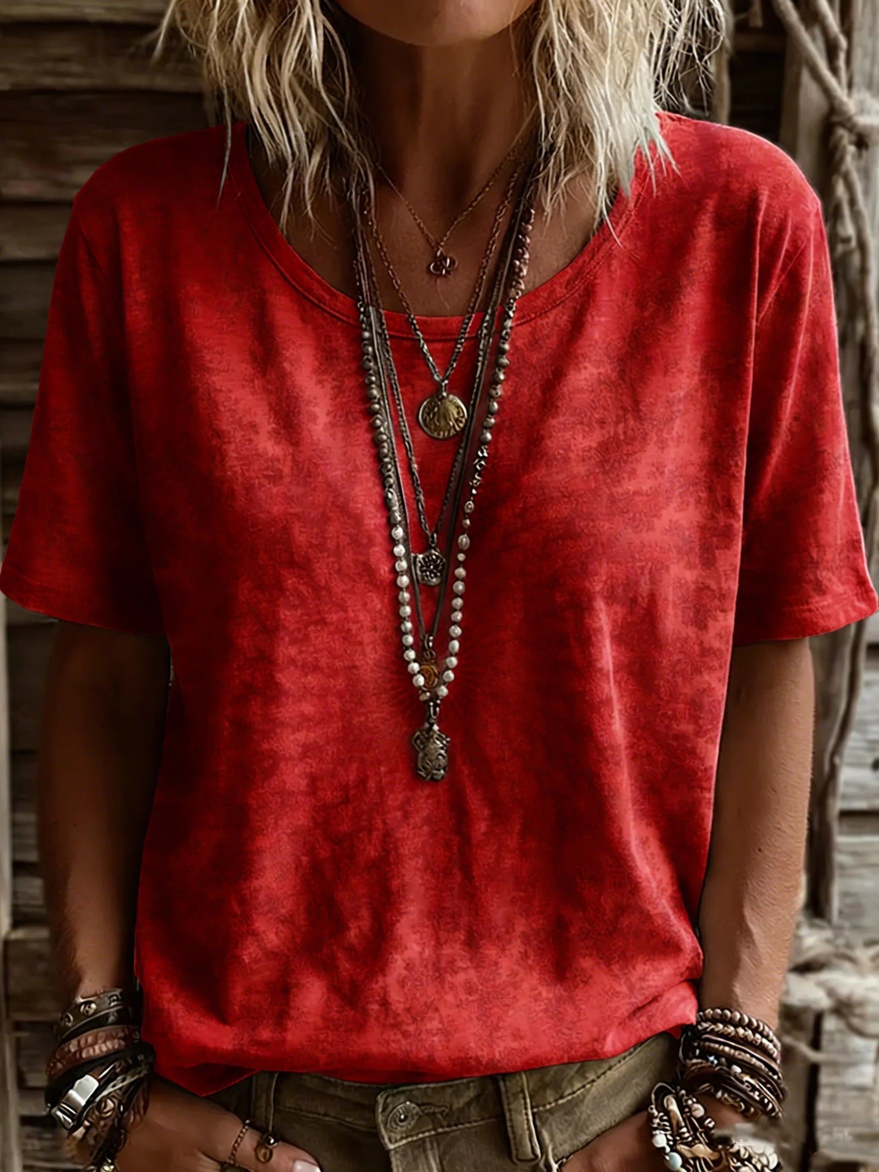 Camisa vintage étnica de algodón rosa con cuello redondo y manga corta — foto 8