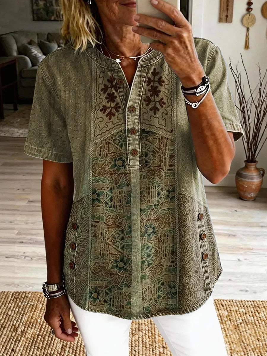 Camisa vintage étnica con manga corta