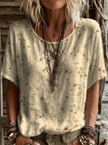 Camisa de flores de algodón y lino con cuello redondo y manga corta