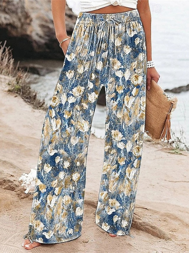 Pantalón cómodo largo de talle alto de flores con cordón ajustable