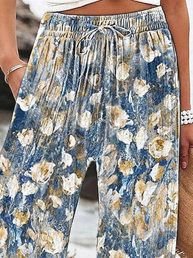 Pantalón cómodo largo de talle alto de flores con cordón ajustable — foto 2