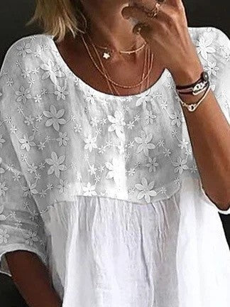 Camisa holgada de patchwork de encaje con cuello redondo y abertura — foto 3