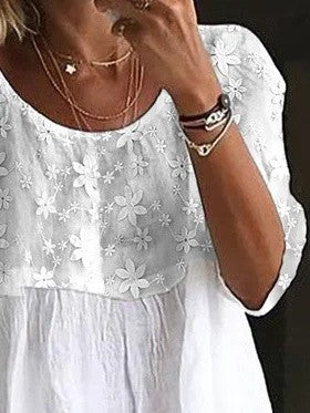 Camisa holgada de patchwork de encaje con cuello redondo y abertura — foto 4