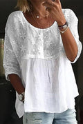 Camisa holgada de patchwork de encaje con cuello redondo y abertura