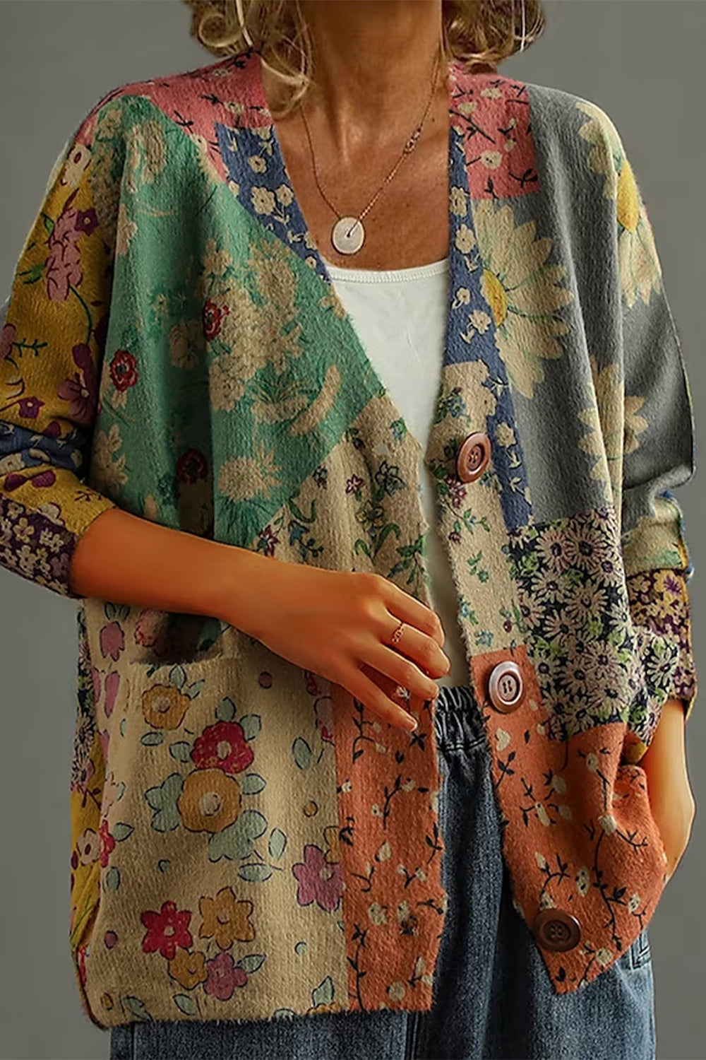 Cárdigan casual de flores con escote en pico y manga larga