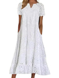 Vestido elegante largo con escote en pico, manga corta y aberturas