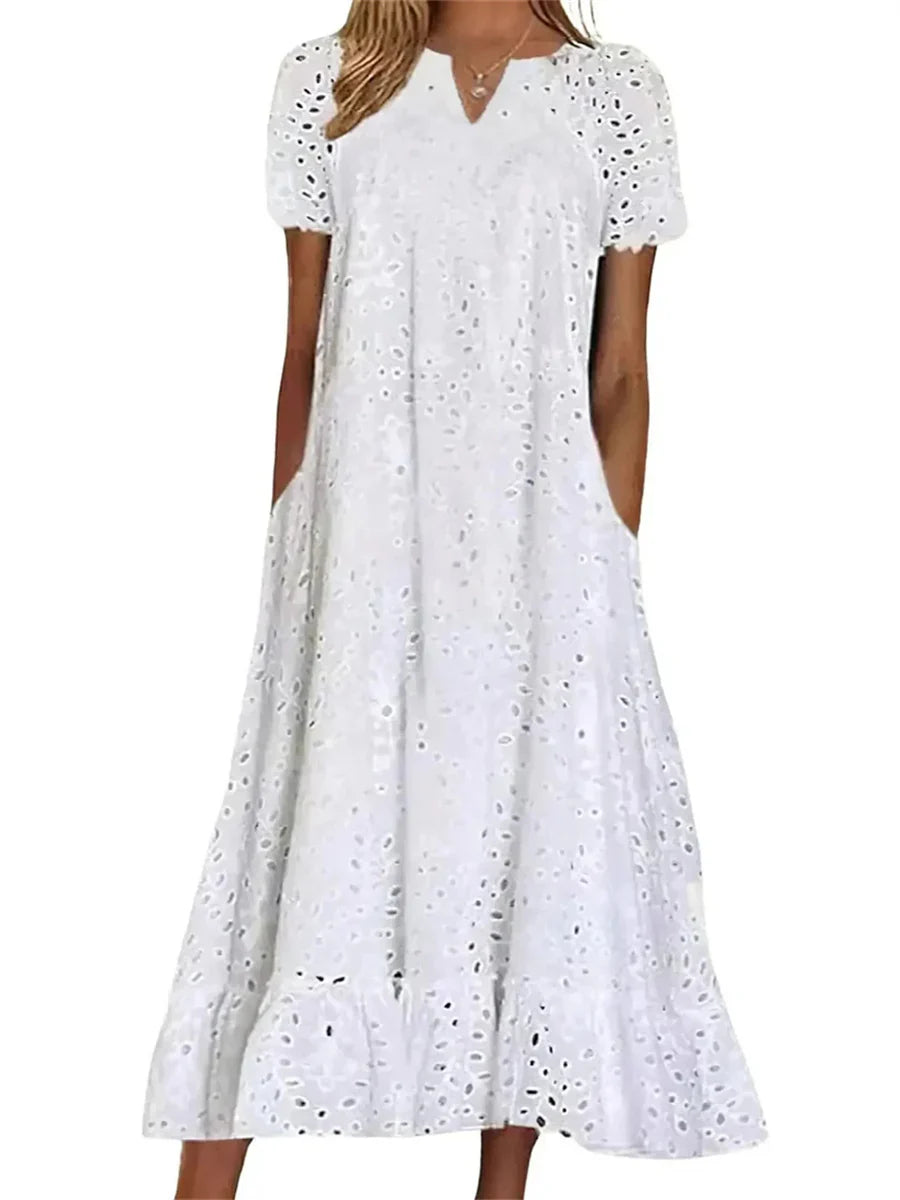 Vestido elegante largo con escote en pico, manga corta y aberturas