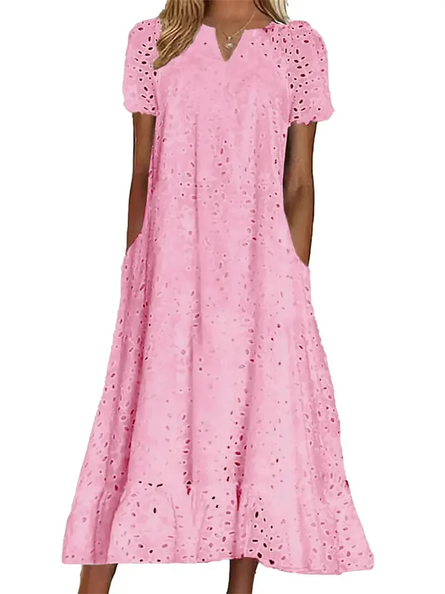 Vestido elegante largo con escote en pico, manga corta y aberturas — foto 2
