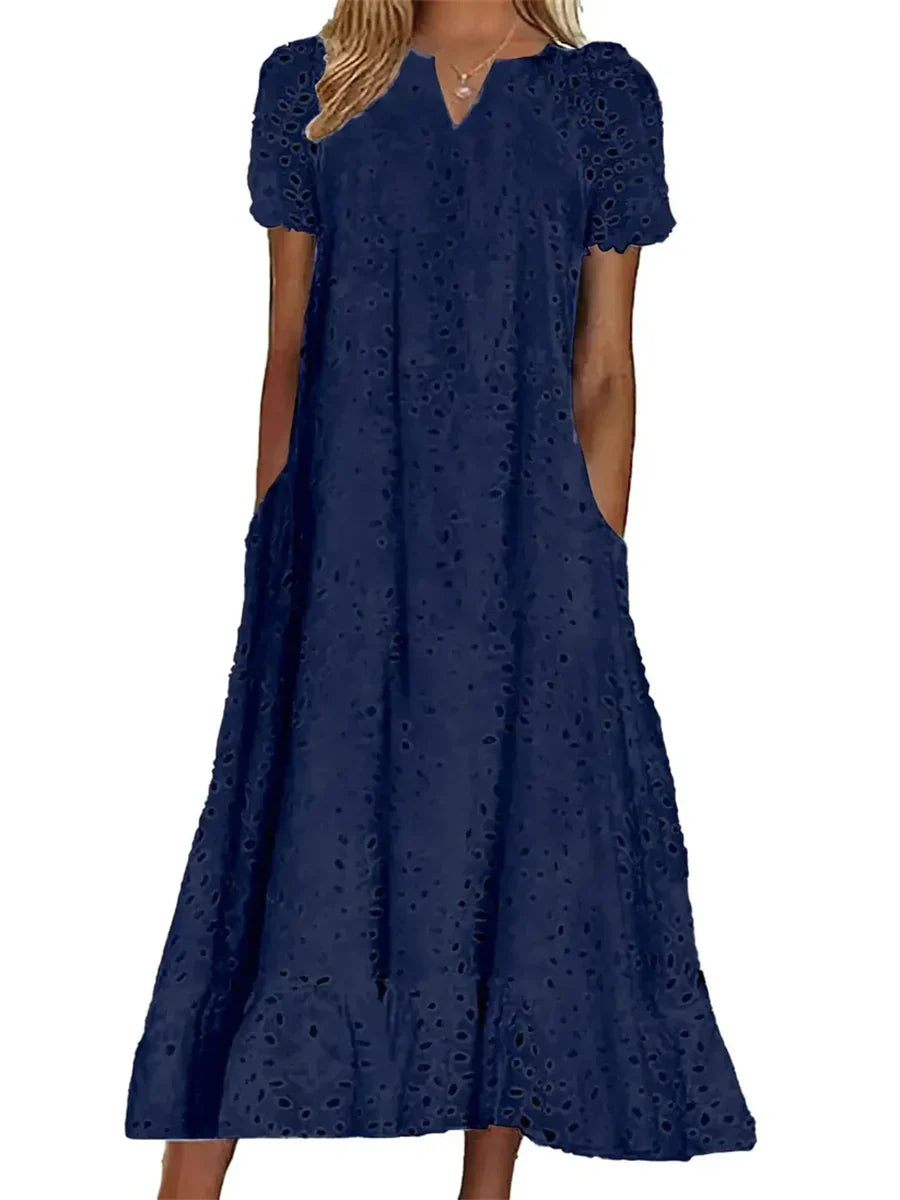 Vestido elegante largo con escote en pico, manga corta y aberturas — foto 4