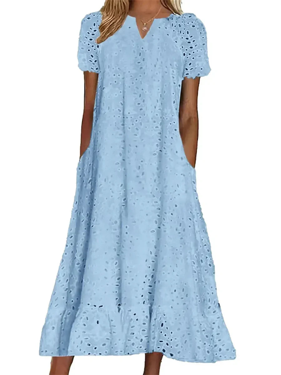 Vestido elegante largo con escote en pico, manga corta y aberturas — foto 5