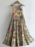 Vestido de flores de algodón con escote en pico y bolsillos, sin mangas