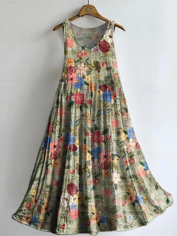 Vestido de flores de algodón con escote en pico y bolsillos, sin mangas
