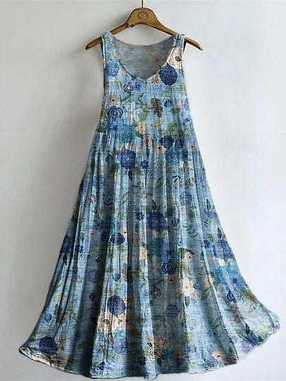 Vestido de flores de algodón con escote en pico y bolsillos, sin mangas — foto 6