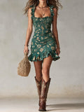 Manuela Vestido Mini Bohemio Verde con Estampado y Volantes