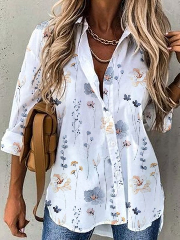 Blusa casual holgada de flores con cuello camisero