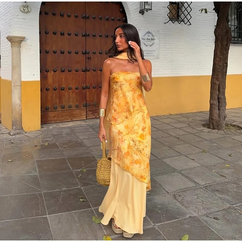 Amelia Vestido Maxi Floral con Escote Palabra de Honor