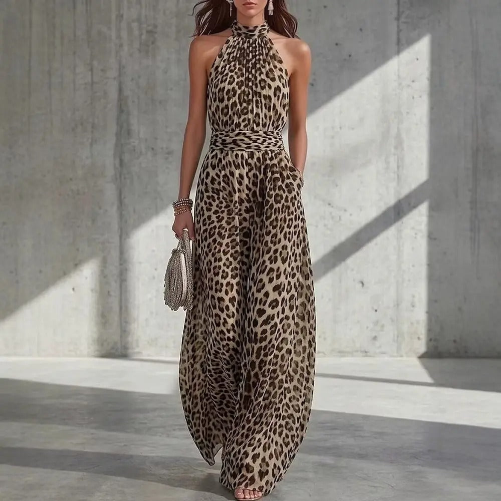 Alberta Mono Halter con Estampado Leopardo y Pantalón Ancho