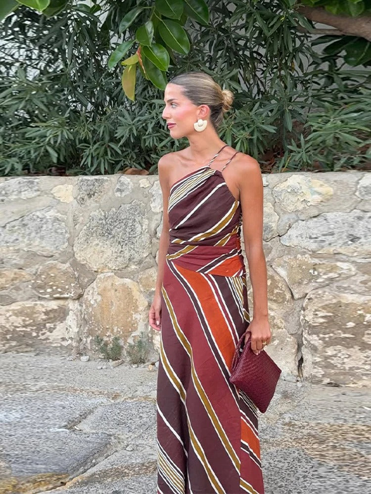 Alcira Vestido Maxi Asimétrico con Estampado de Rayas