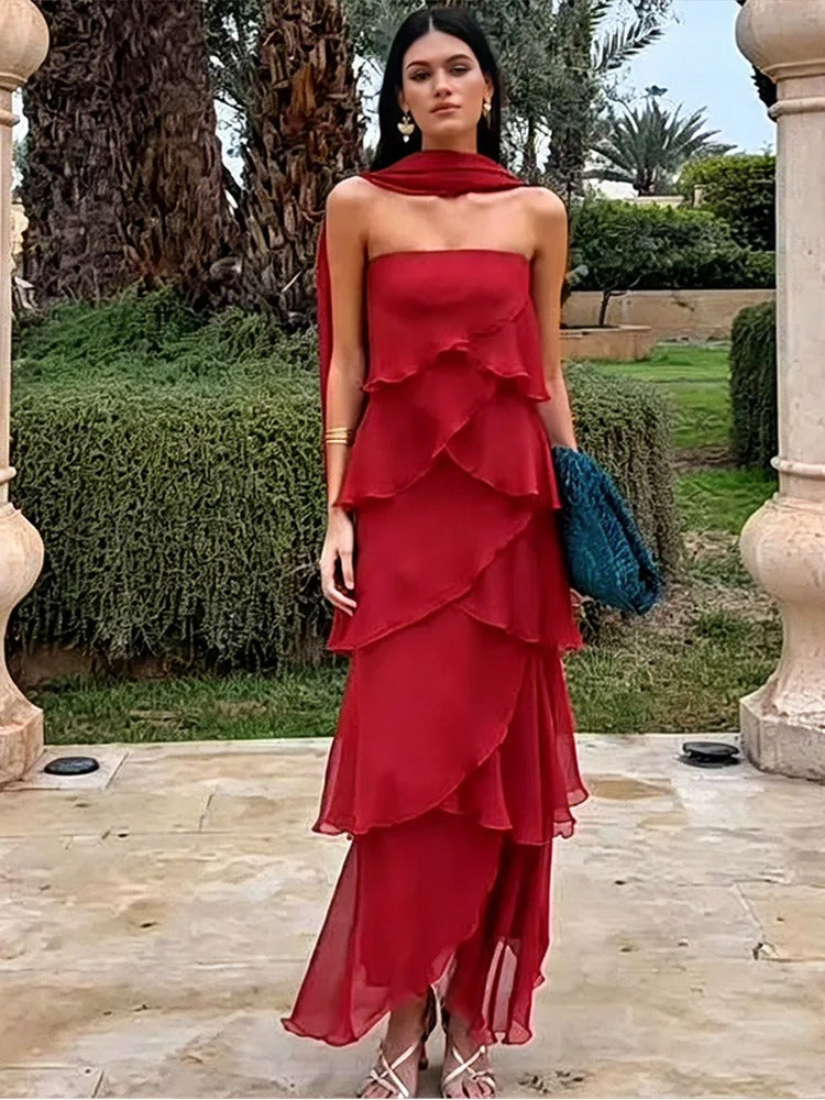 Amira Vestido Maxi de Volantes en Rojo